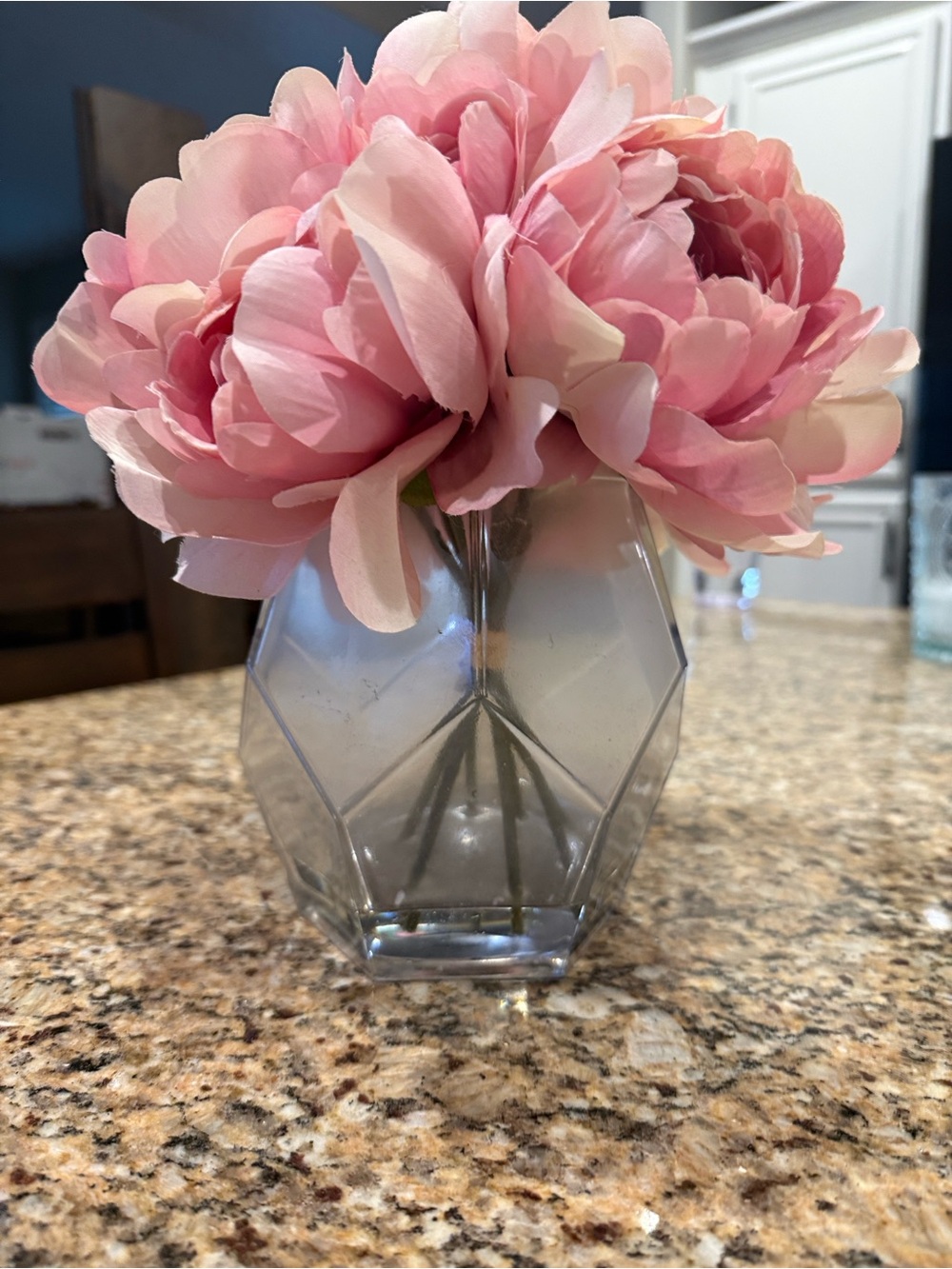 Pink Faux Peony Bouquet in Geometric Glass Vase